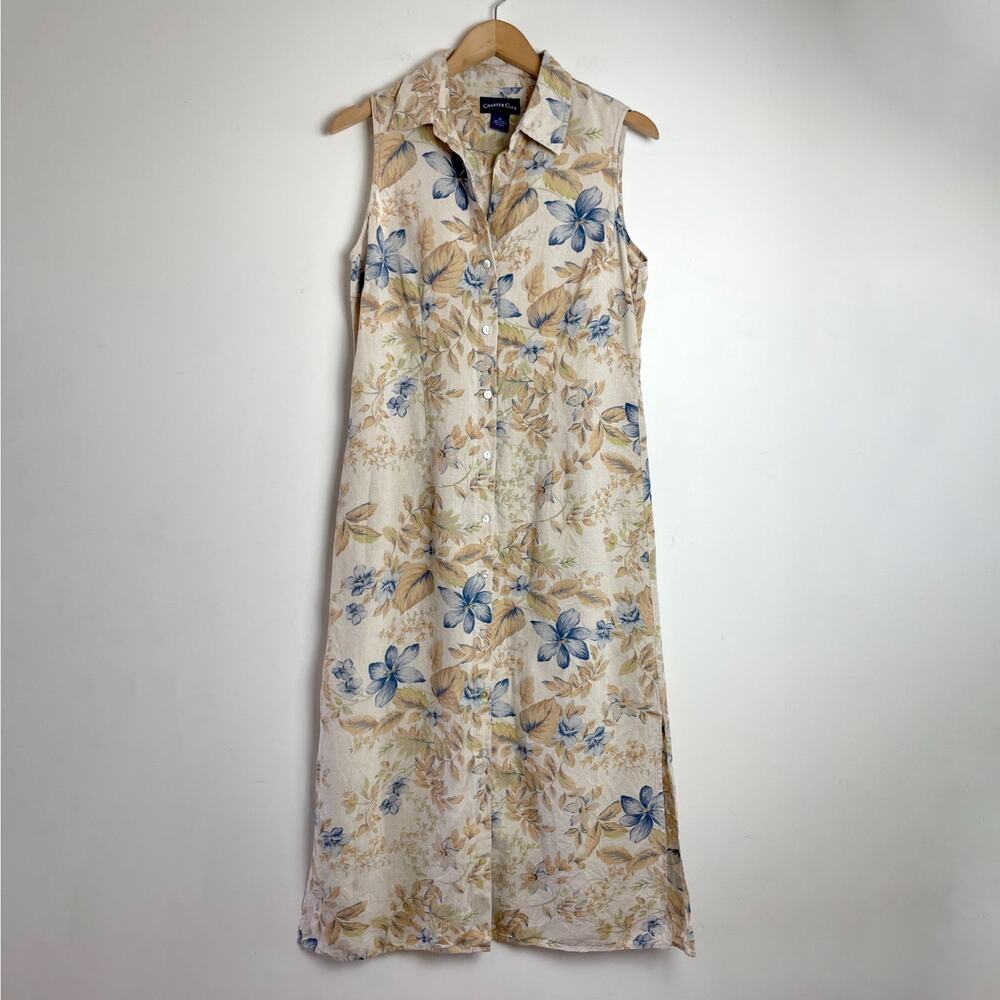 Vintage 90s Charter Club Linen Floral Midi Dress Sz 10 Resort Minimalist